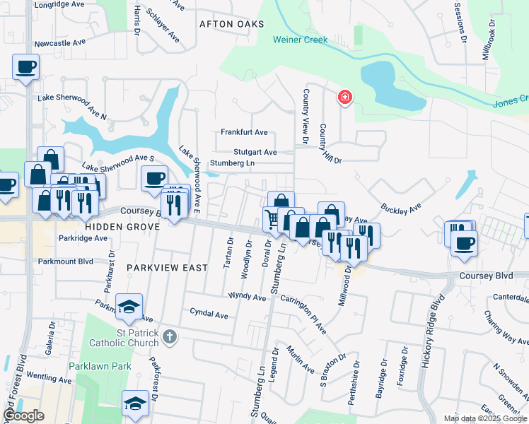 map of restaurants, bars, coffee shops, grocery stores, and more near 12527 Coursey Boulevard in Baton Rouge