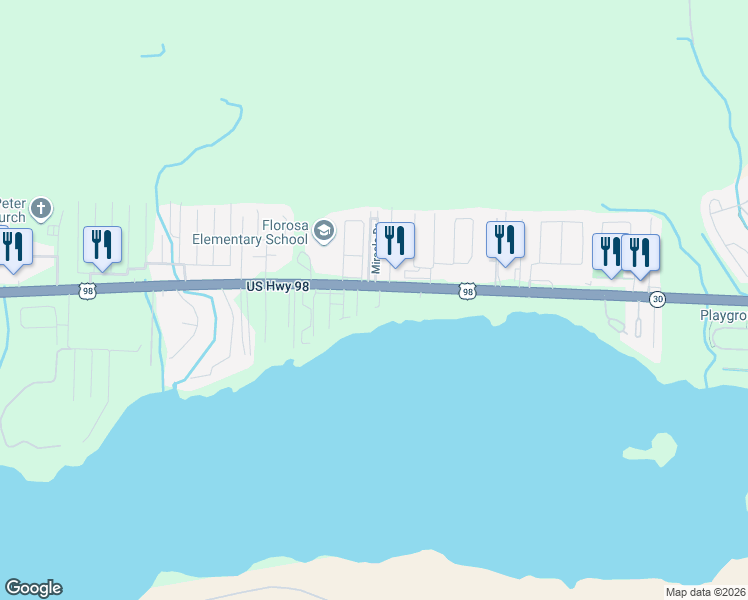 map of restaurants, bars, coffee shops, grocery stores, and more near 1675 U.S. 98 in Mary Esther