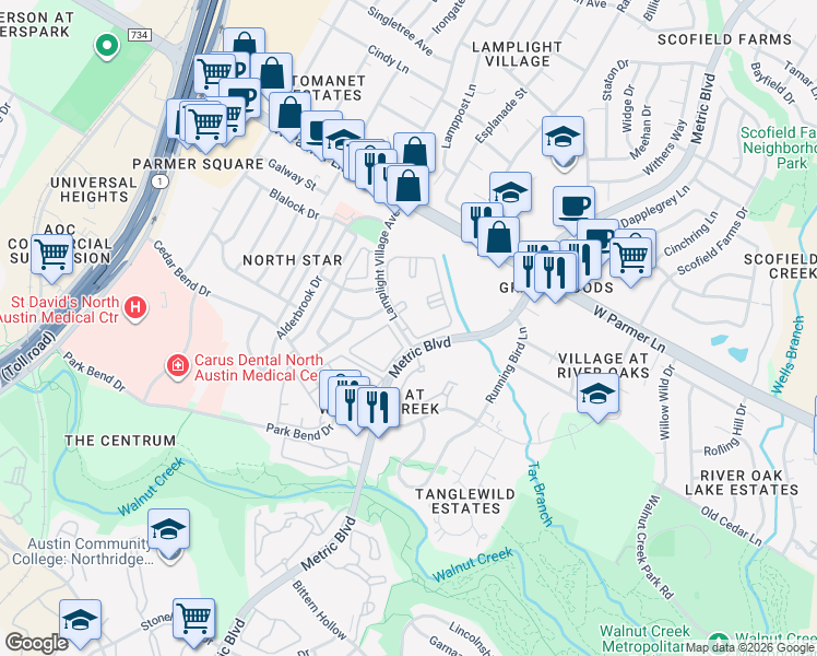 map of restaurants, bars, coffee shops, grocery stores, and more near 12345 Lamplight Village Avenue in Austin