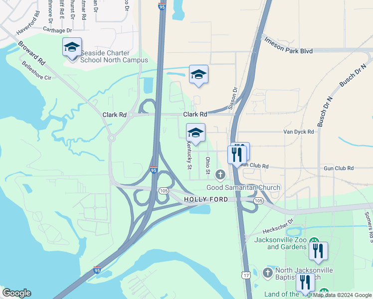 map of restaurants, bars, coffee shops, grocery stores, and more near 9516 Kentucky Street in Jacksonville
