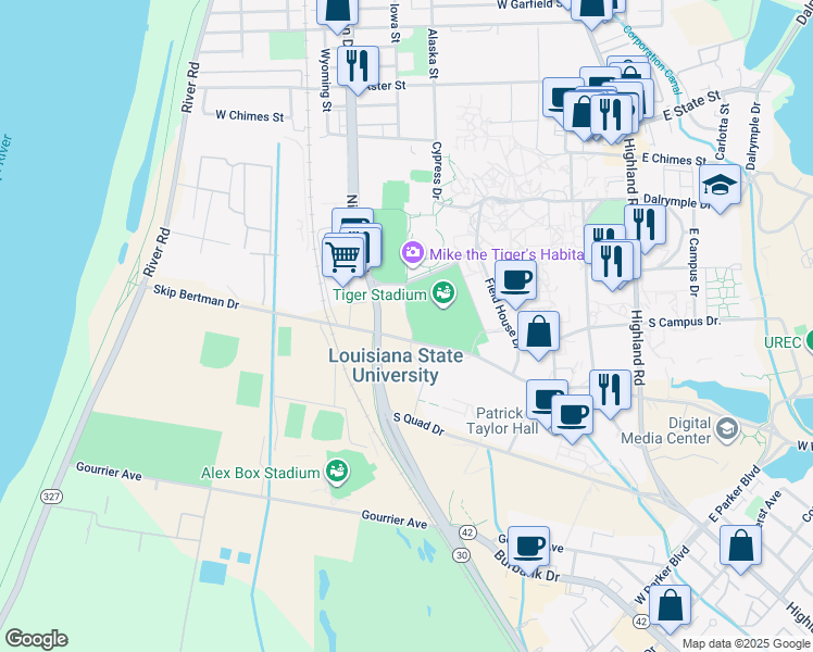 map of restaurants, bars, coffee shops, grocery stores, and more near 1936 West Stadium Road in Baton Rouge