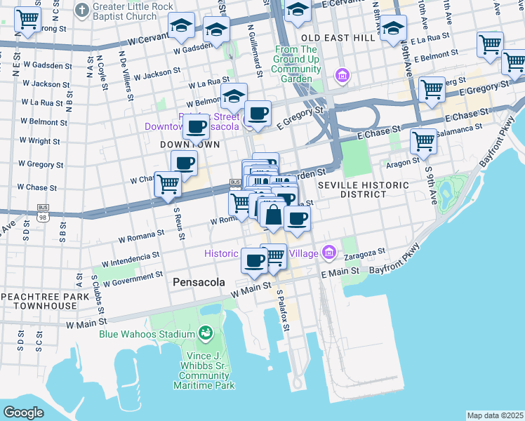 map of restaurants, bars, coffee shops, grocery stores, and more near 114 South Palafox Street in Pensacola