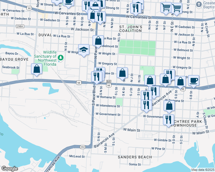 map of restaurants, bars, coffee shops, grocery stores, and more near 15 South M Street in Pensacola