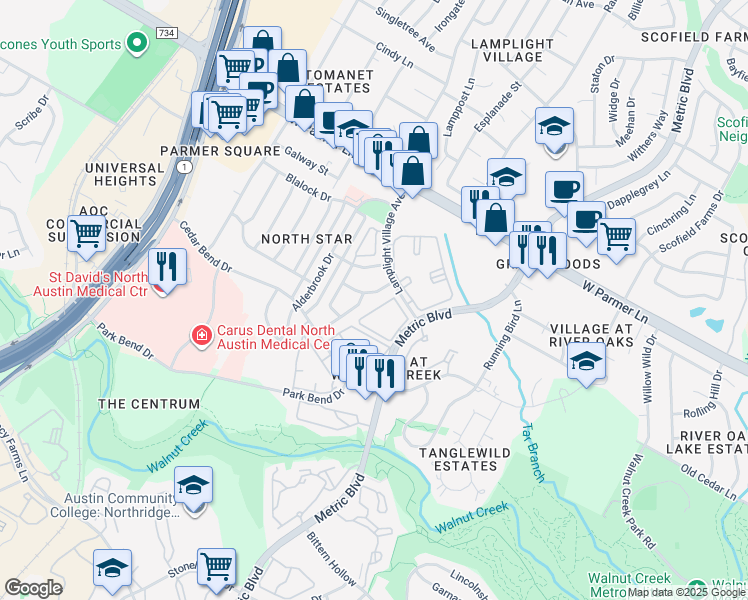 map of restaurants, bars, coffee shops, grocery stores, and more near 12319 Patron Drive in Austin