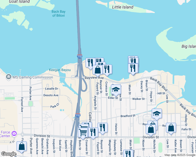 map of restaurants, bars, coffee shops, grocery stores, and more near 452 Fayard Street in Biloxi