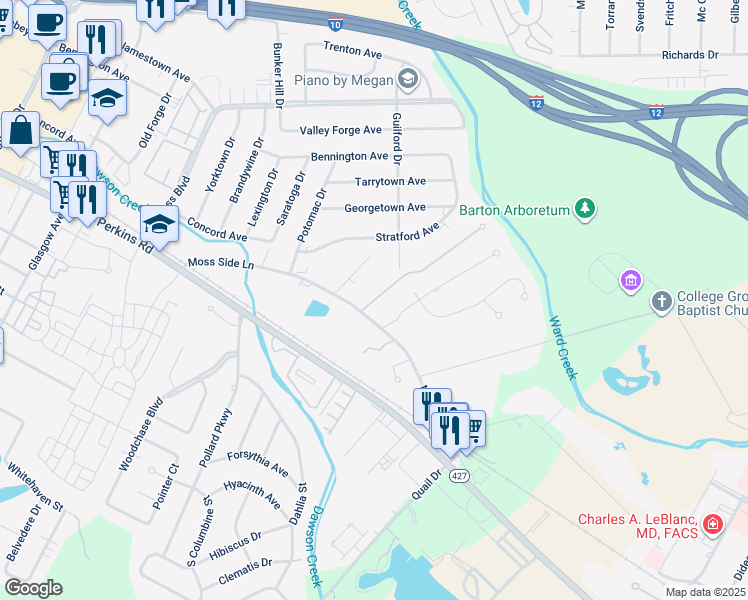 map of restaurants, bars, coffee shops, grocery stores, and more near 6102 Province Lane in Baton Rouge