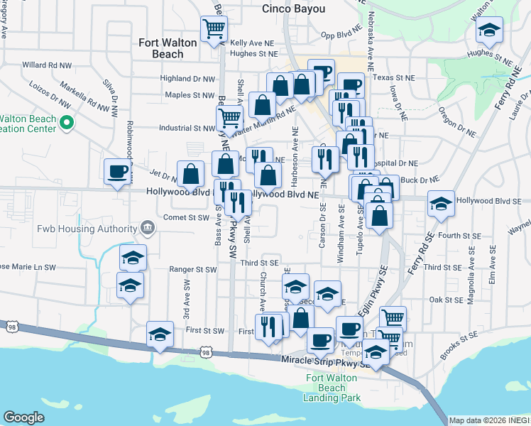 map of restaurants, bars, coffee shops, grocery stores, and more near 17 Shell Avenue Southeast in Mary Esther