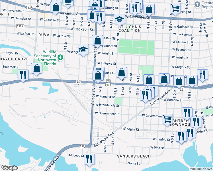map of restaurants, bars, coffee shops, grocery stores, and more near 15 South M Street in Pensacola