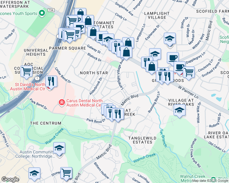 map of restaurants, bars, coffee shops, grocery stores, and more near 12319 Patron Drive in Austin