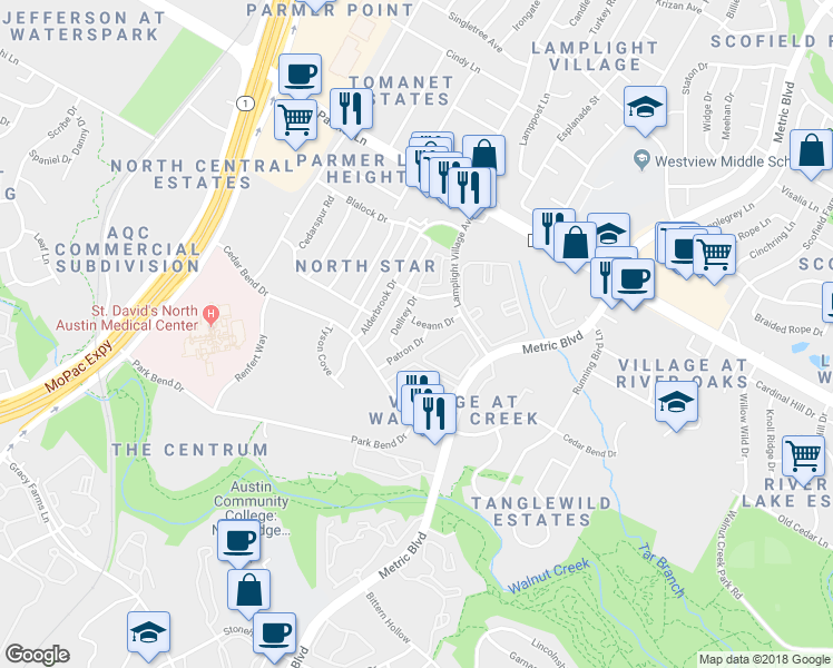 map of restaurants, bars, coffee shops, grocery stores, and more near 12319 Patron Drive in Austin