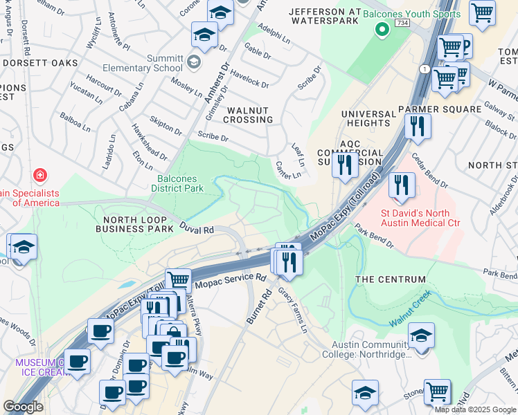 map of restaurants, bars, coffee shops, grocery stores, and more near 3204 Duval Road in Austin