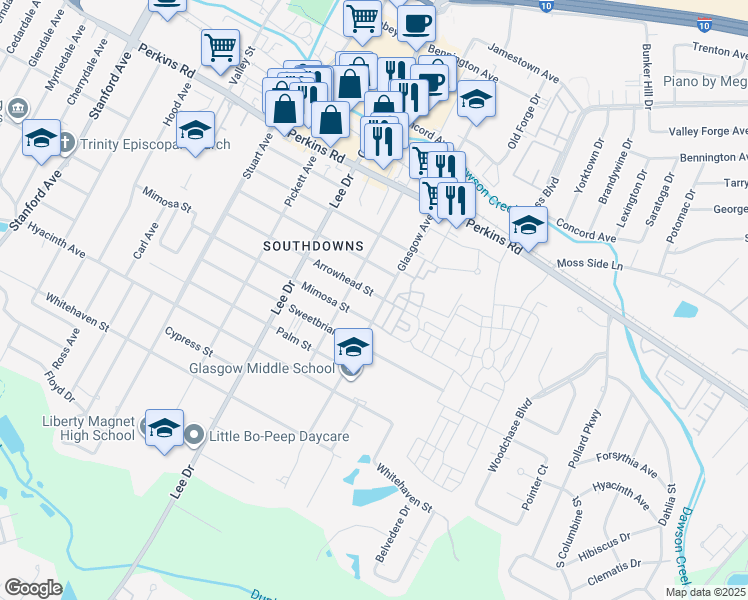 map of restaurants, bars, coffee shops, grocery stores, and more near 4761 Mimosa Street in Baton Rouge