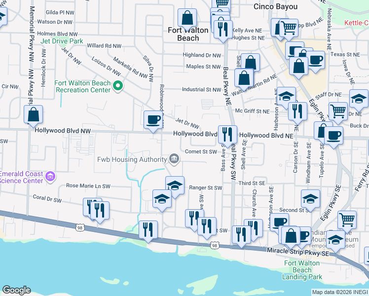 map of restaurants, bars, coffee shops, grocery stores, and more near 36 Comet Street Southwest in Fort Walton Beach