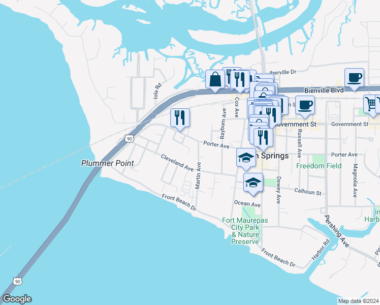 map of restaurants, bars, coffee shops, grocery stores, and more near 515 Cleveland Avenue in Ocean Springs