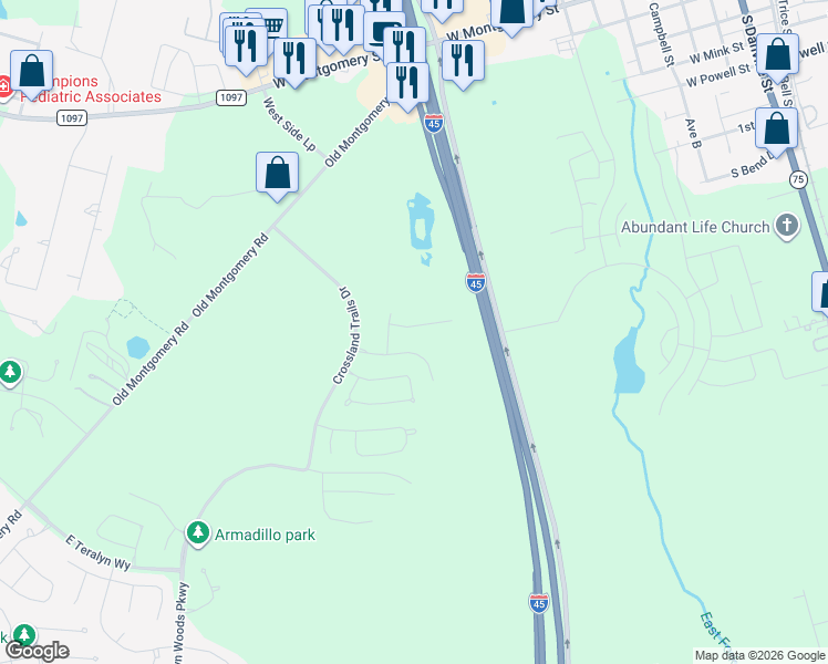 map of restaurants, bars, coffee shops, grocery stores, and more near Interstate 45 in Willis