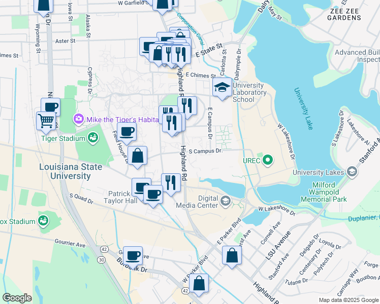 map of restaurants, bars, coffee shops, grocery stores, and more near South Campus Drive in Baton Rouge