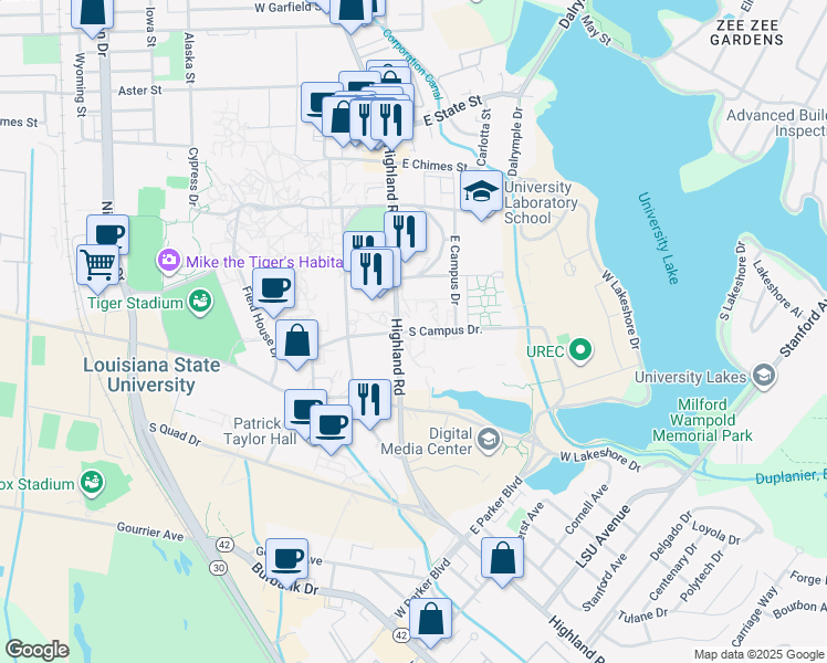 map of restaurants, bars, coffee shops, grocery stores, and more near South Campus Drive in Baton Rouge