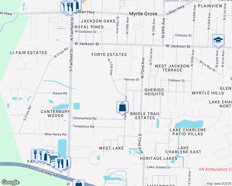 map of restaurants, bars, coffee shops, grocery stores, and more near 1 North 77th Avenue in Pensacola