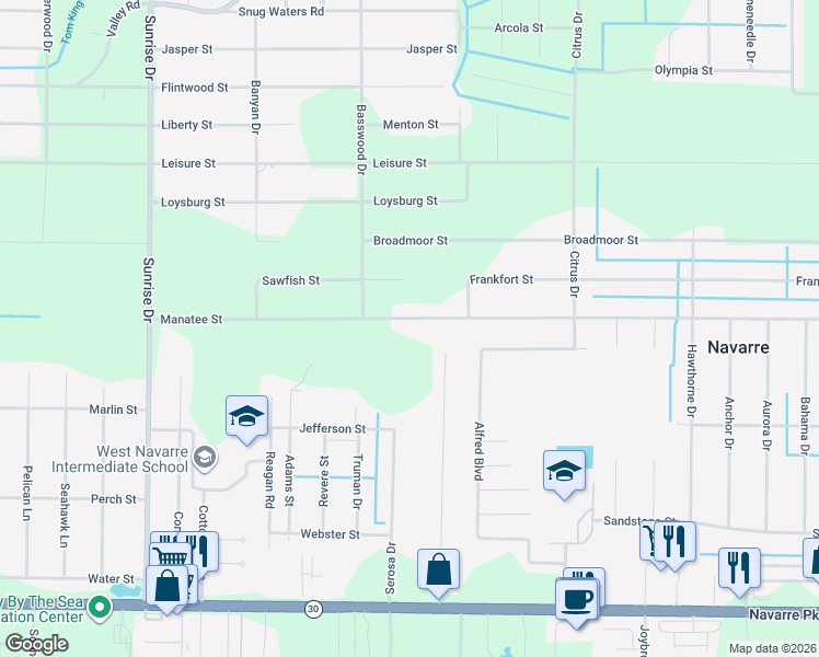 map of restaurants, bars, coffee shops, grocery stores, and more near 7121 Manatee Street in Navarre