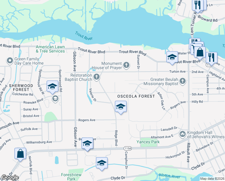 map of restaurants, bars, coffee shops, grocery stores, and more near 3809 Rose Street in Jacksonville