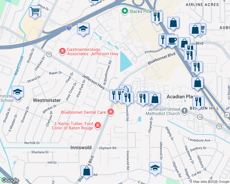map of restaurants, bars, coffee shops, grocery stores, and more near 9515 Jefferson Highway in Baton Rouge