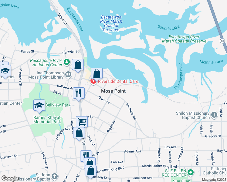 map of restaurants, bars, coffee shops, grocery stores, and more near in Moss Point