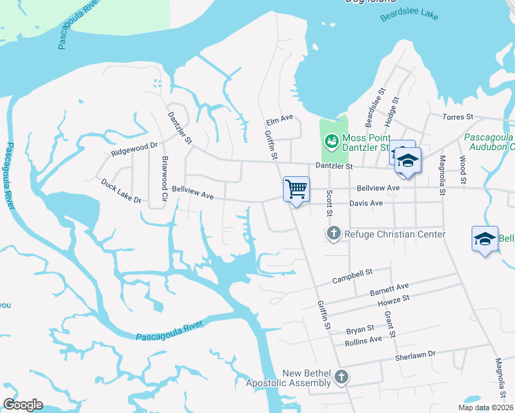 map of restaurants, bars, coffee shops, grocery stores, and more near 4848 Devon Street in Moss Point