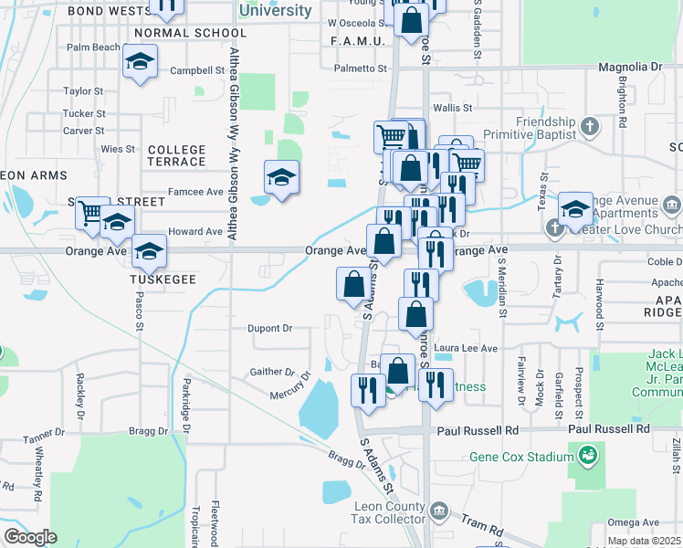 map of restaurants, bars, coffee shops, grocery stores, and more near 2800 South Adams Street in Tallahassee