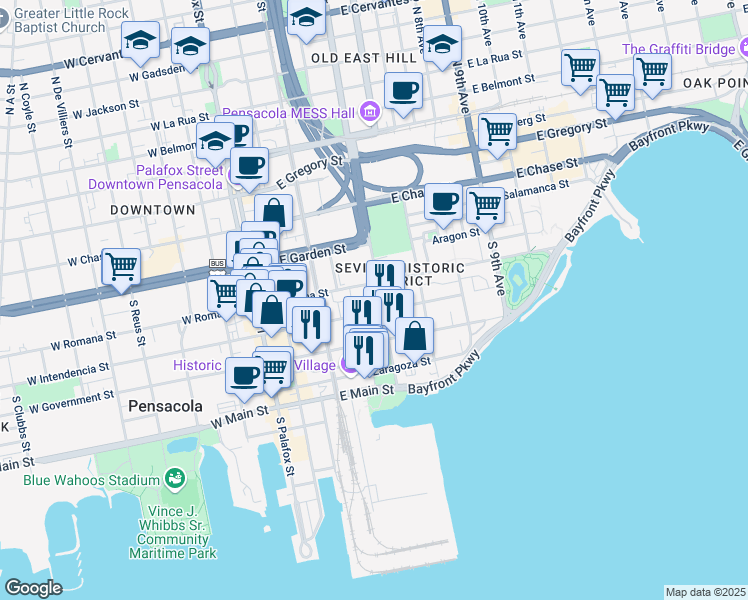map of restaurants, bars, coffee shops, grocery stores, and more near 251 East Intendencia Street in Pensacola