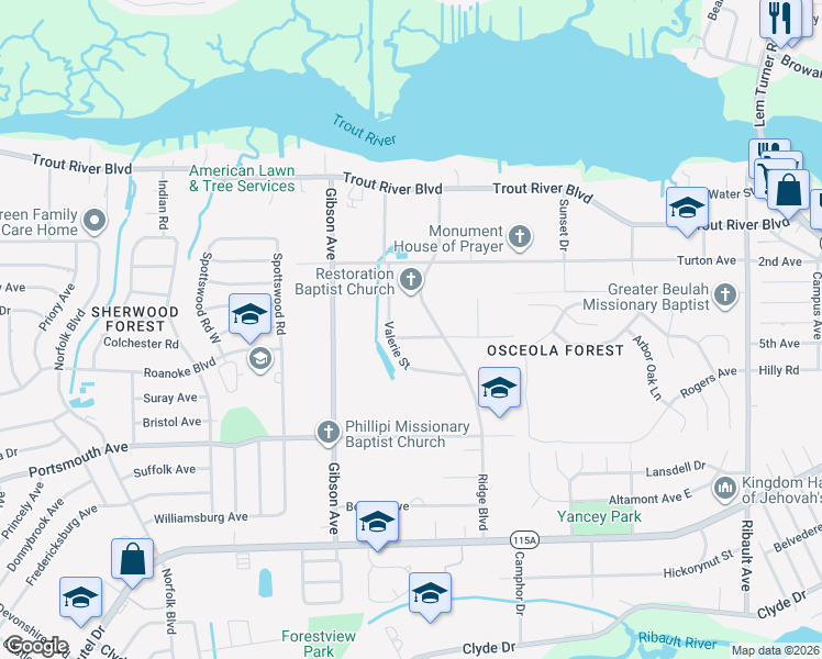 map of restaurants, bars, coffee shops, grocery stores, and more near 9539 Valerie Street in Jacksonville