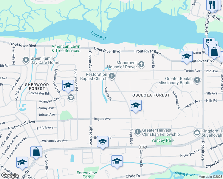map of restaurants, bars, coffee shops, grocery stores, and more near 9539 Valerie Street in Jacksonville