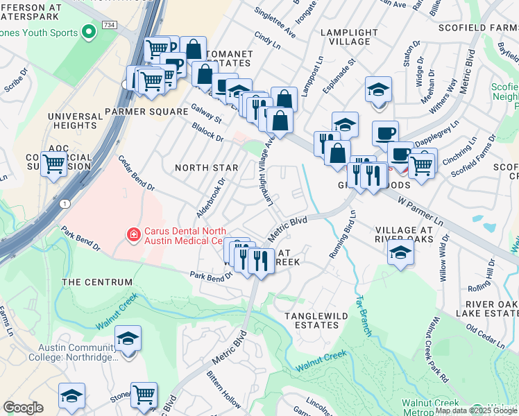 map of restaurants, bars, coffee shops, grocery stores, and more near 12330 Metric Boulevard in Austin