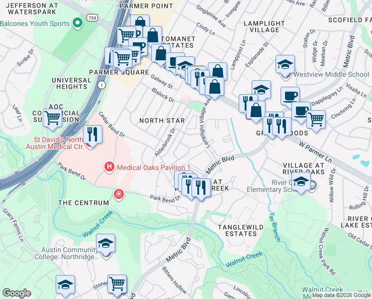 map of restaurants, bars, coffee shops, grocery stores, and more near 12319 Patron Drive in Austin
