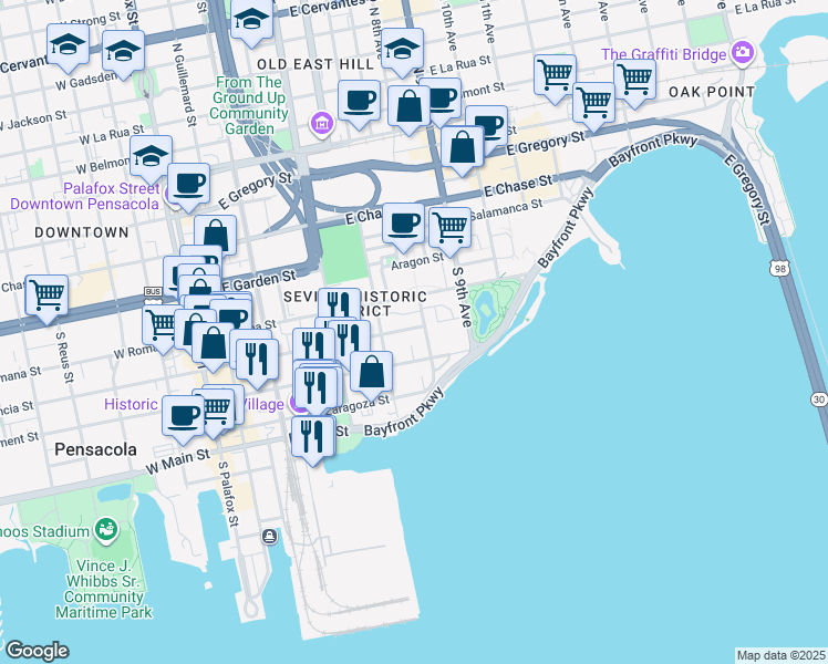 map of restaurants, bars, coffee shops, grocery stores, and more near 427 East Intendencia Street in Pensacola
