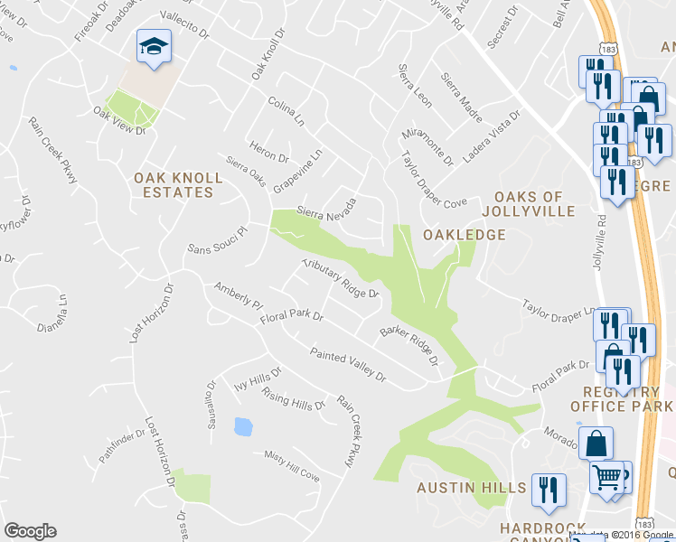 map of restaurants, bars, coffee shops, grocery stores, and more near 10708 Bull Ridge Drive in Austin