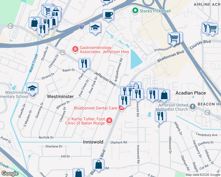 map of restaurants, bars, coffee shops, grocery stores, and more near 4333 French Village Avenue in Baton Rouge