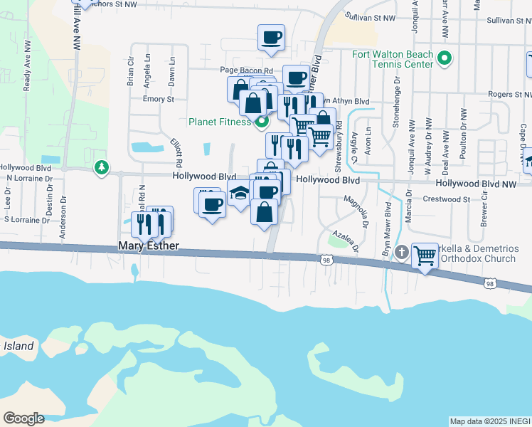 map of restaurants, bars, coffee shops, grocery stores, and more near 144 Mary Esther Boulevard in Mary Esther