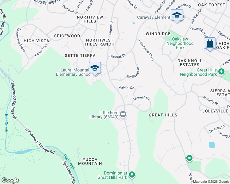 map of restaurants, bars, coffee shops, grocery stores, and more near 10016 Swan Valley Lane in Austin