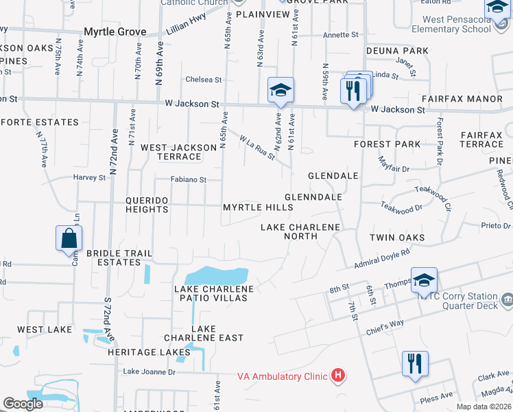 map of restaurants, bars, coffee shops, grocery stores, and more near 6442 Myrtle Hill Circle in Pensacola