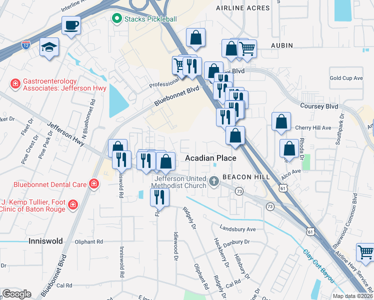 map of restaurants, bars, coffee shops, grocery stores, and more near 10103 Jefferson Highway in Baton Rouge