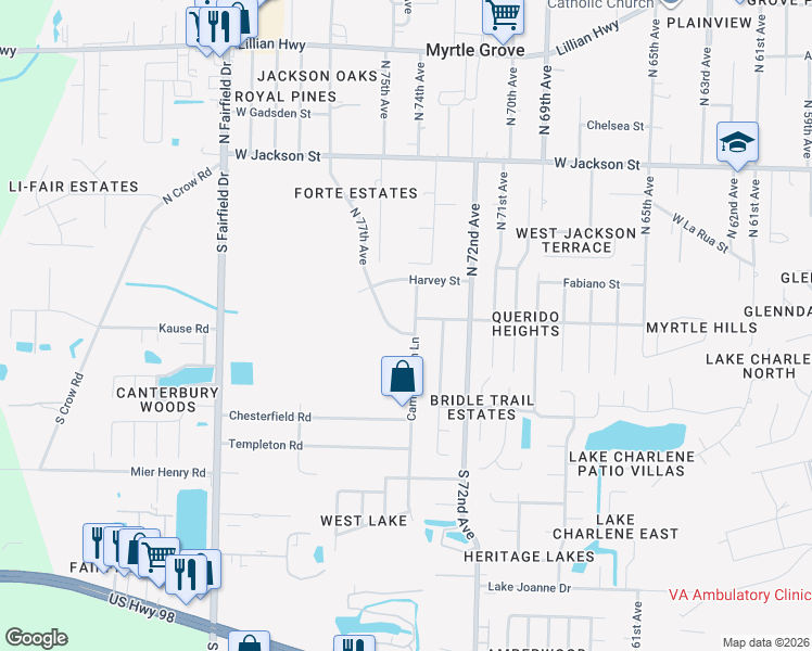 map of restaurants, bars, coffee shops, grocery stores, and more near 2 North 77th Avenue in Pensacola