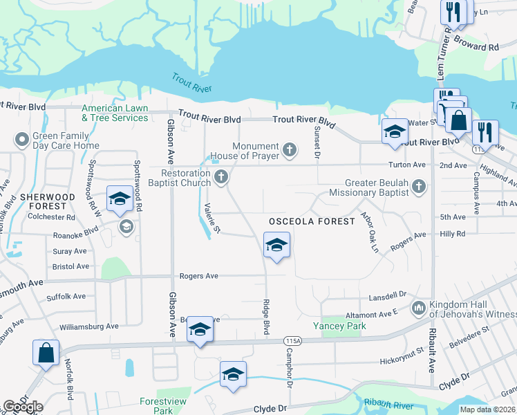 map of restaurants, bars, coffee shops, grocery stores, and more near 3809 Rose Street in Jacksonville