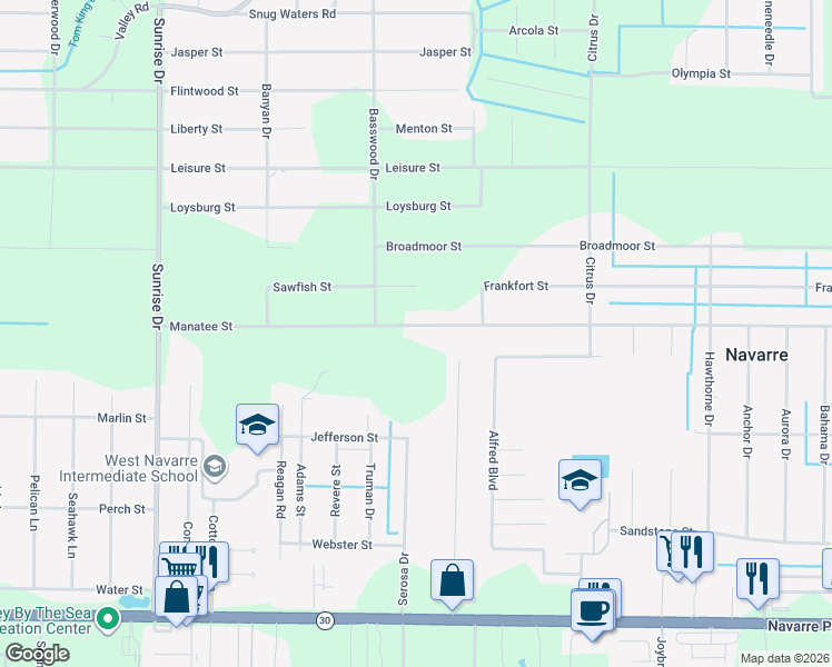 map of restaurants, bars, coffee shops, grocery stores, and more near 7121 Manatee Street in Navarre