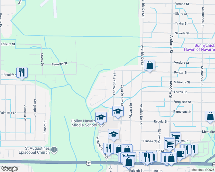 map of restaurants, bars, coffee shops, grocery stores, and more near 2122 Durell Lane in Navarre