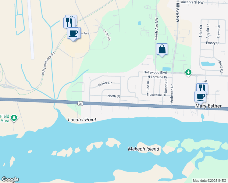map of restaurants, bars, coffee shops, grocery stores, and more near 8 Pryor Drive in Mary Esther