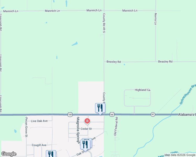 map of restaurants, bars, coffee shops, grocery stores, and more near 12841 County Road 49 in Foley