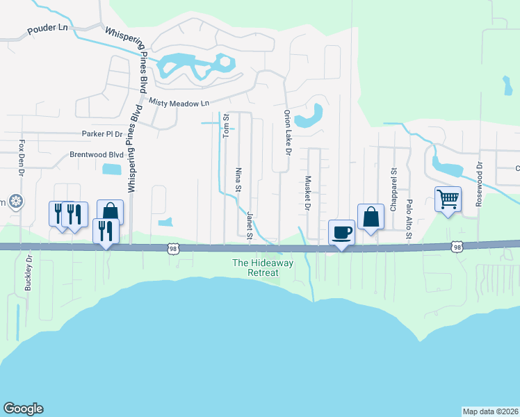 map of restaurants, bars, coffee shops, grocery stores, and more near 2152 Hadleigh Hills Court in Navarre