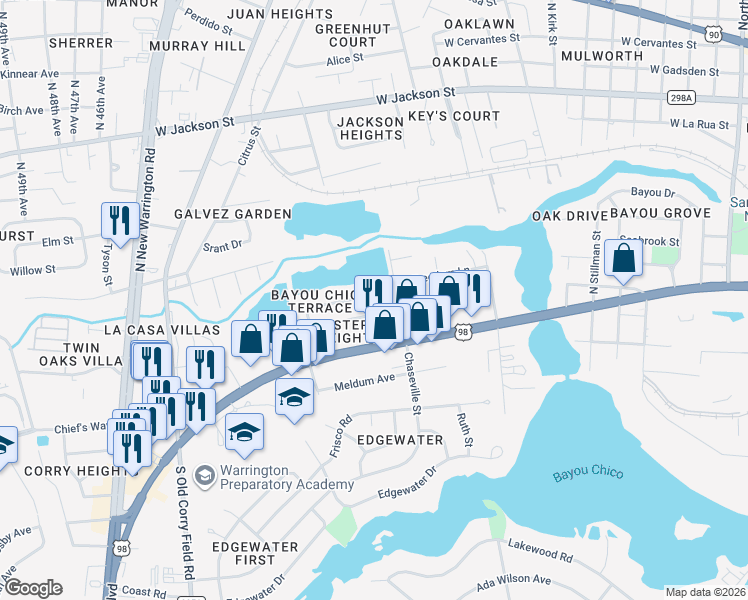 map of restaurants, bars, coffee shops, grocery stores, and more near 200 Shadow Lawn Lane in Pensacola