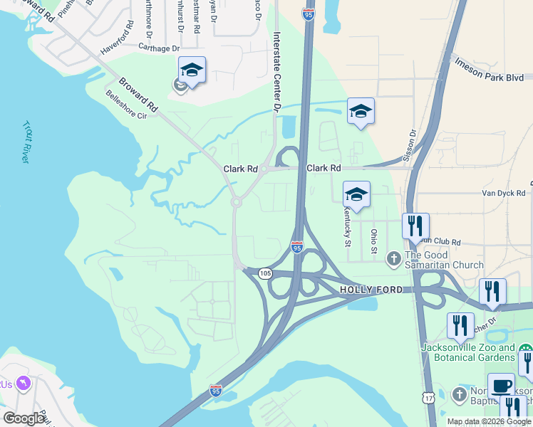 map of restaurants, bars, coffee shops, grocery stores, and more near Motel Place in Jacksonville