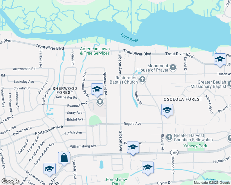 map of restaurants, bars, coffee shops, grocery stores, and more near 9560 Gibson Avenue in Jacksonville